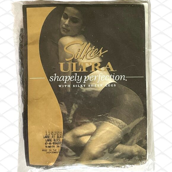 Silkies Ultra Jet Black Size Large Shapely Perfection Pantyhose Silky Sheer Legs - Picture 5 of 5